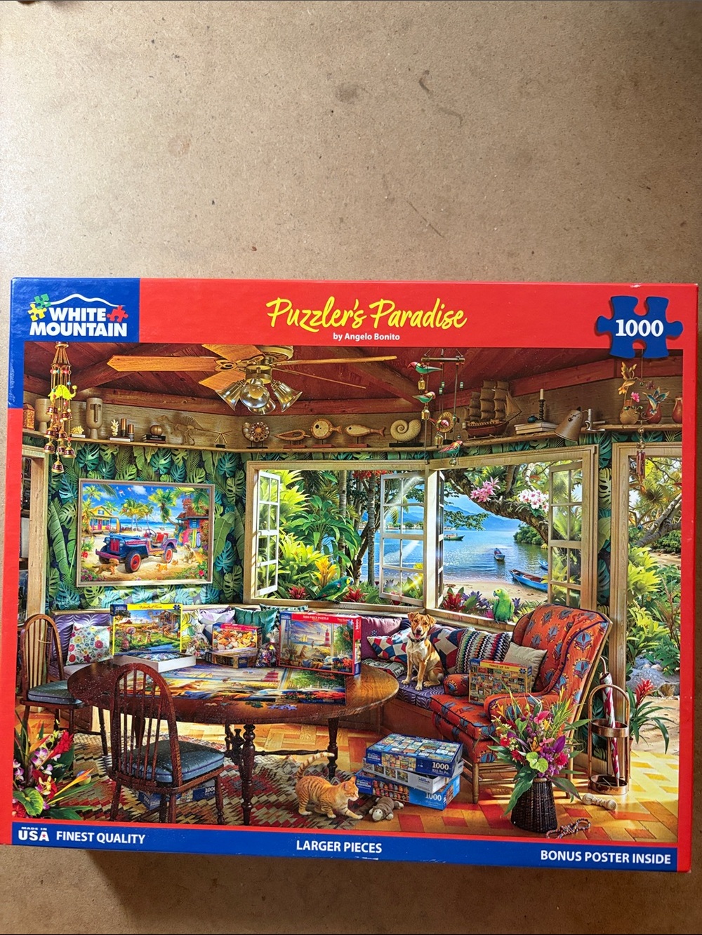🧩 1000 piece White Mountain “Puzzler’s Paradise” with poster. So fun! Complete.